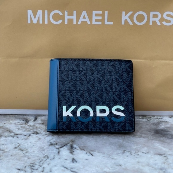 Michael Kors Cooper Blue Multi Signature Leather Graphic Logo Billfold Wallet - Picture 1 of 6